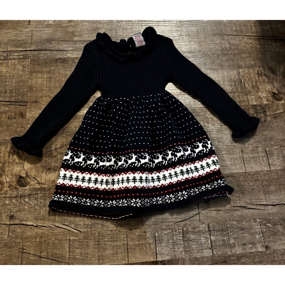 Tahari‎ Kids Girls Navy Fair Isle Christmas Reindeer Sweater Dress Size 2T
